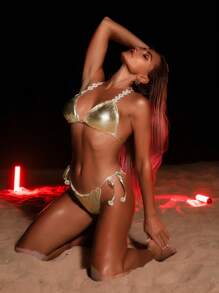 SHEIN Swim Damen Metallic Folie Texturiertes Sexy Bikini Set für den Sommer - Gold - Übersicht 5