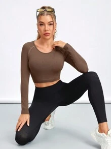 Easithlete Women's Solid Color Round Neck Long Sleeve Slim-Fit Short Dress - Brown - View 4