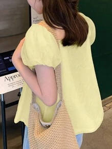 DAZY Blouse à manches bouffantes col carré de couleur unie pour femmes, jaune, top babydoll printemps/été - Jaune citron - Voir 1