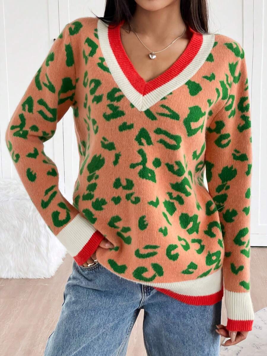 Chiquease Blusa casual de punto de unicolor con cuello en V y manga larga, suéter de otoño e invierno - Naranja - Ver 1