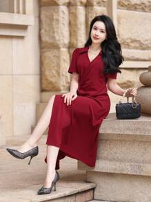 DAZY Women's Solid Color Twist Cut-Out Shirt Midi Dress Sundress Red Women Dresses Christmas - Red - View 5