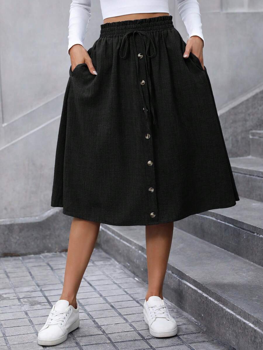 SHEIN LUNE 女士蓝色牛仔效果 A 字裙，宽松版型，适合秋季 - 黑色 - 查看 1