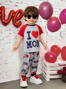 SHEIN Baby Boys Red Color Block Letter Heart Graphic Print Long Sleeve Top And Elastic Waist Pants 2 Pieces Outfit, Suitable For Spring, Autumn, Valentine's Day Party - Multicolor - View 3