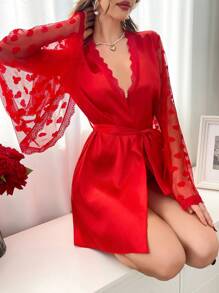 Lace Trim Heart Pattern Mesh Sexy Ladies Sleepwear Robe - Red - View 6