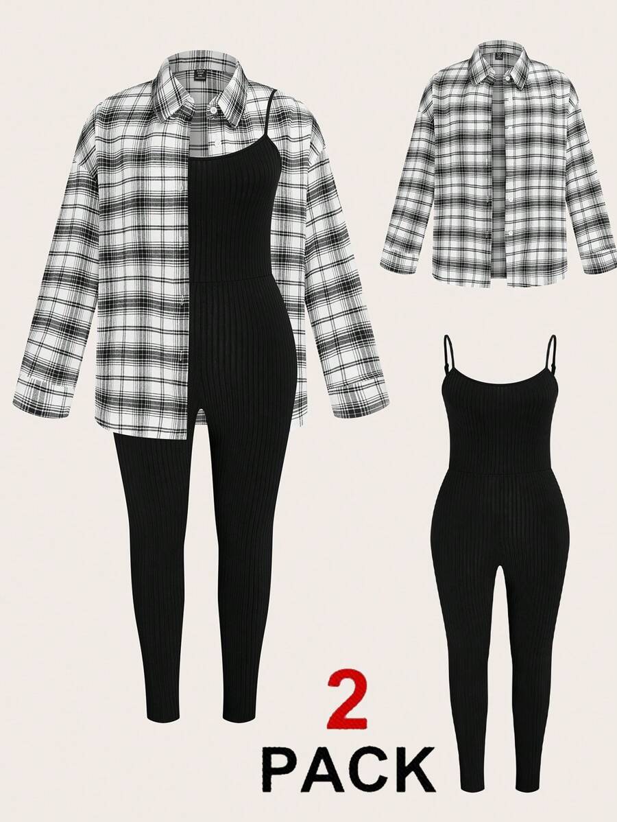 Sweetra 2pcs Set Plus Size Button Down Collar Shirt And Jumpsuit, For Summer - Multicolor - View 1