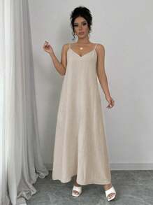 Rafferiza Adjustable Strap Loose White Long Cami Dress For Women Maxi Women Outfit - Khaki - View 3