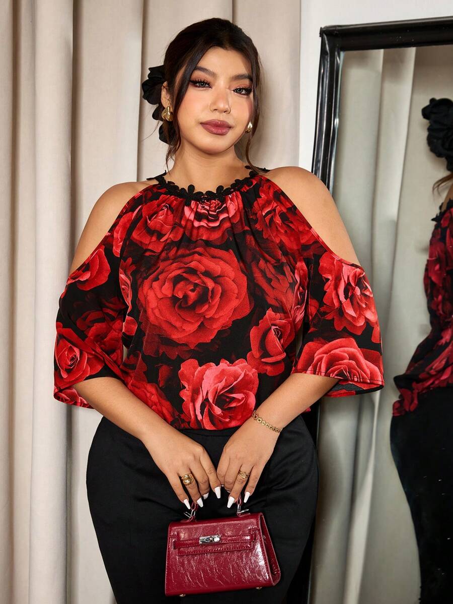Elaquor Plus Size Boho Valentine's Day Elegant Rose Print Lace Trim Open Shoulder 3/4 Sleeve Blouse, For Summer - Red - View 1