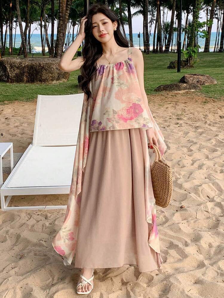 Women's Floral Print Ruffle Trim Spaghetti Strap Midi Dress Cruise Women Outfits Sundress Boho Vacation Outfits Women