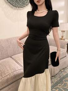 DAZY Square Collar Color Block Ruffle Hem Mid-Length Dress For Women Prom Dress Sundress,Dress For Wedding Elegant Women Dresses - Black - View 6