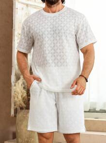 Palmeraft 男士休闲圆领短袖上衣短裤套装 - 白色 - 查看 3