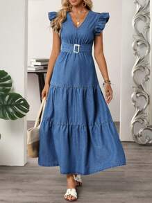 EMERY ROSE 女士度假休闲侧开衩牛仔连衣裙 - 藍色 - 查看 3