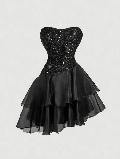 SHEIN MOD Women's Black Sequin Strapless Dress,Valentine's Day Dress,Birthday Dresses For Women,Dresses For Women Elegant,Wedding Guest Dress Women,Cruise Outfits Women,Date Night Dress Women,Prom Dress,Sparkly Dress,Valentine's Day, Spring/Summer  Dress,Wedding Guest Dress Women,Birthday Dresses