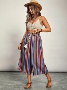SHEIN VCAY Plus Size Boho Multi-Color Retro Pattern Capri Pants, For Summer - Multicolor - View 6