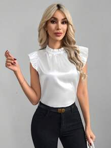 SHEIN Clasi 女士纯色荷叶边休闲上衣，日常穿着 - 白色 - 查看 4