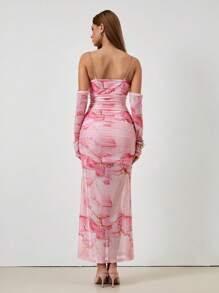 Chiquease 情人节女士粉色扎染印花网眼荷叶边透明迷你吊带连衣裙（配链条肩带） - 粉色 - 查看 2