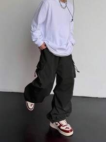 ROMWE MEN Street Life Men's Solid Color Lace-Up Pocket Simple Loose Casual Long Pants - Black - View 4