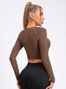 Easithlete Women's Solid Color Round Neck Long Sleeve Slim-Fit Short Dress - Brown - View 2