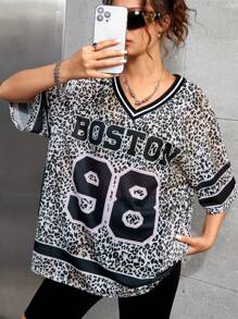 SHEIN Ragazza adolescente, 2 pezzi, abbigliamento per tempo libero e sport, nuova Maglietta casual oversize con scollo a V e stampa leopardata e leggings neri