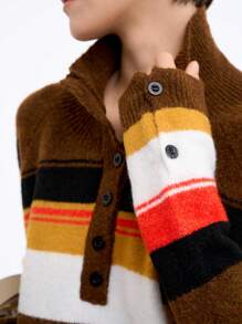 SHEIN LUNE Women's Front Button Long Sleeve Striped Casual, Daily Wear Knit Pullover Fall Winter Sweater - Brown - View 3