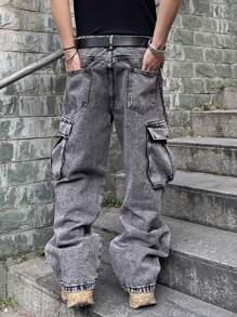 Manfinity EMRG Loose Fit Men's Flap Pocket & Side Panel Cargo Jeans (Without Belt) - Grey - View 2