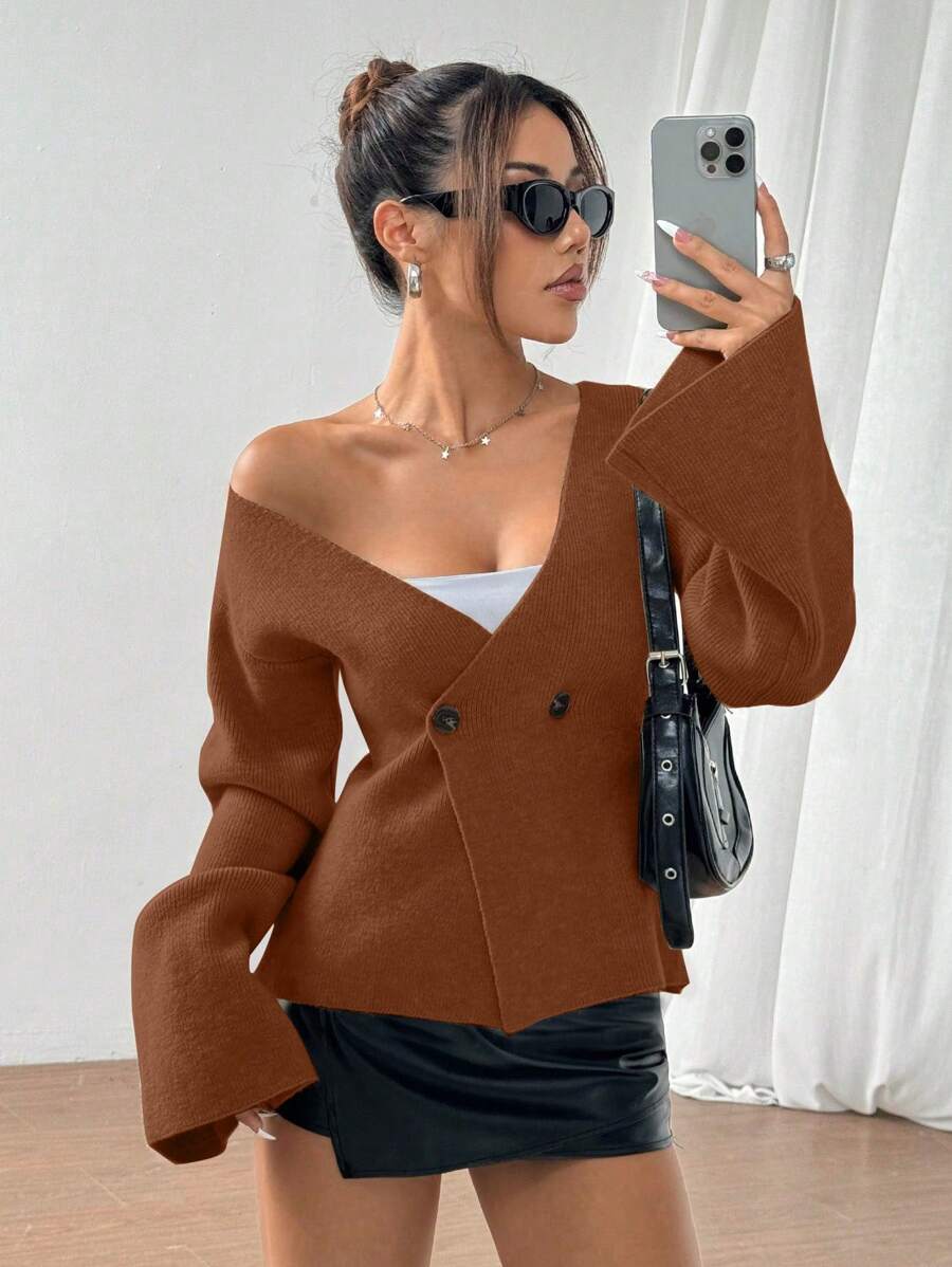 Flirla Women Button Front Long Sleeve Solid Top, Simple Casual Daily Wear - Brown - View 1