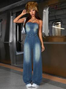 SHEIN ICON 女士牛仔连身裤，休闲修身款 - 中等水洗藍 - 查看 7