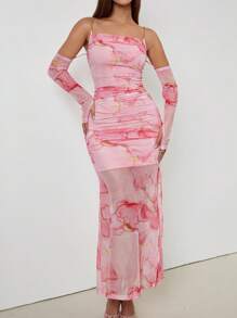 Chiquease 情人节女士粉色扎染印花网眼荷叶边透明迷你吊带连衣裙（配链条肩带） - 粉色 - 查看 1