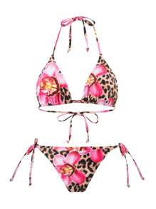 Swim Oasis Women's Summer Leopard & Floral Print Slim Fit Spaghetti Strap Beach Dress Sexy 3pcs Bikini Set - Multicolor - View 3