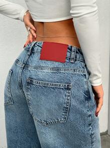 EURMUSE LOW RISE STRAIGHT Blue JEAN WITH LABEL DETAIL - Medium Wash - View 3