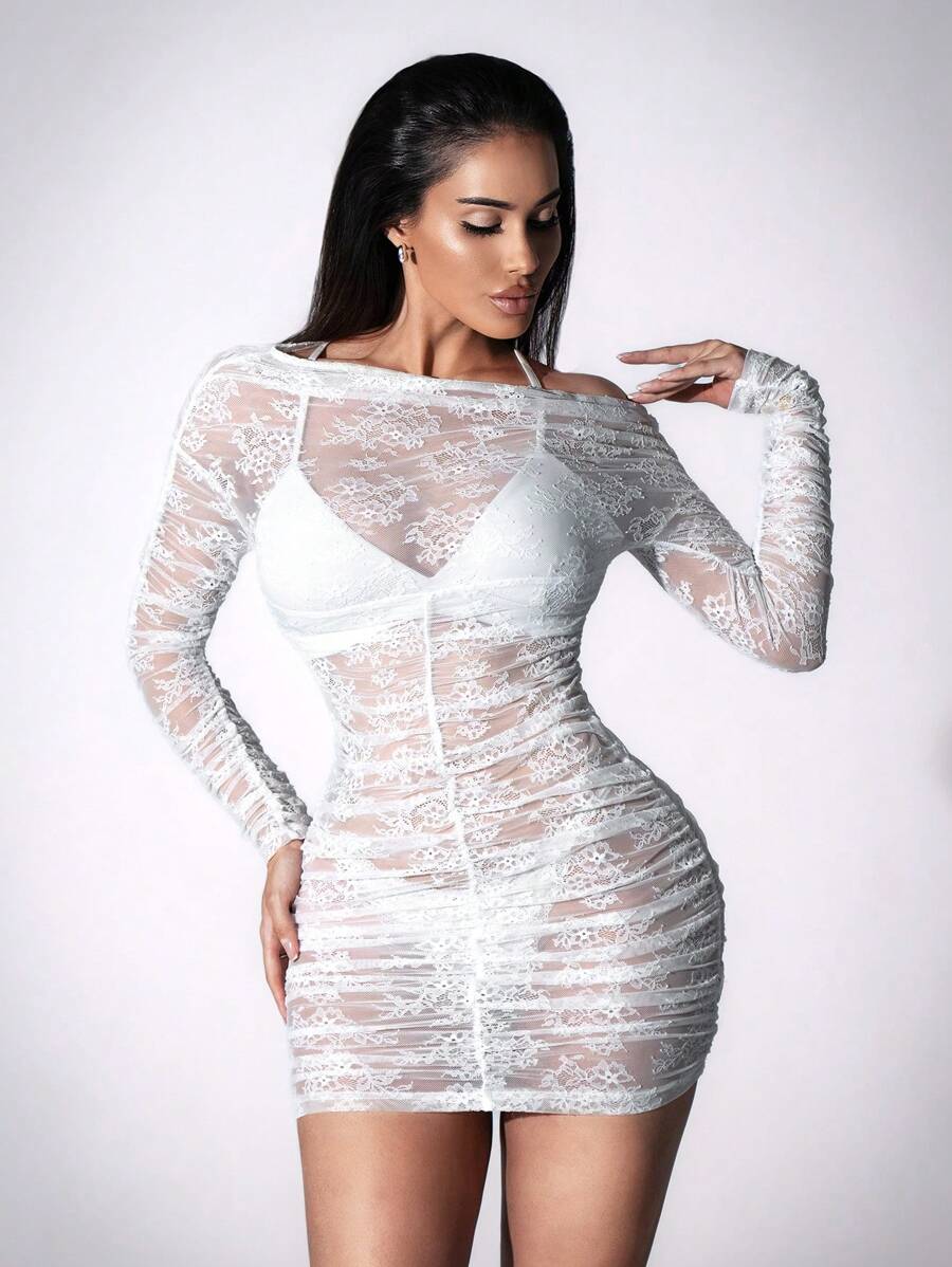 Zolique 女士花卉蕾丝不对称领口长袖透明性感连衣裙 - 白色 - 查看 1