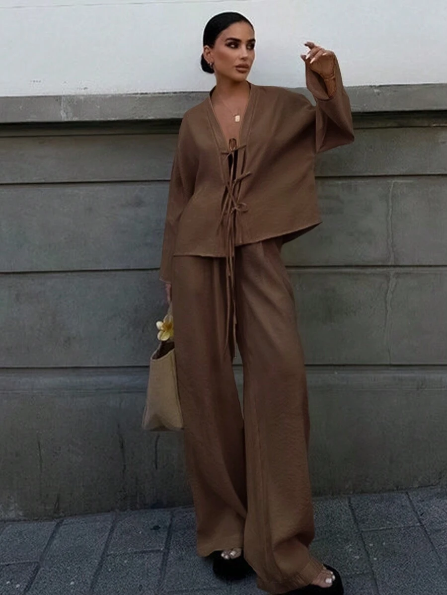 INAWLY Women's Solid Color Long Sleeve Tie Front Shirt And Pants 2 ...