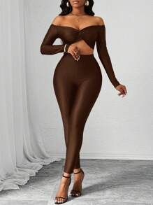 SHEIN Slayr Ensemble de 2 pièces femme: Top à épaules dénudées manches longues de couleur unie et pantalon skinny, style casual