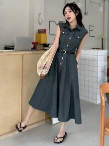 DAZY Women's Front Button Sleeveless Pocket Casual Long Dress Shirt Dress - Blue - View 3