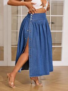 SHEIN SXY Vestido de verano estilo bohemio con falda vaporosa y abertura alta en denim de talla grande para mujer, conjunto de ropa de verano para vacaciones en la playa