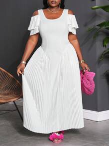 Slaydiva Robe d'épaules dénudées taille unicolore à volants et coupe ajourée, convenant aux grandes tailles. Appropriée pour le mariage, élégante, douce, romantique, sortie en amoureux. - Blanc - Voir 5