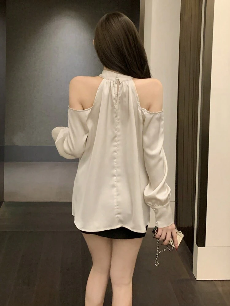 Solid Color Stand Collar Ruffle Ruffle Hem Women Blouse,Fall Women Clothes Long Sleeve Top