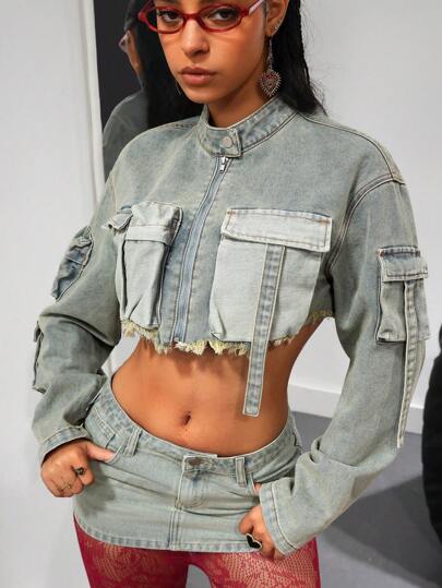 SHEIN ICON 女式秋季长袖前拉链短款工装口袋牛仔夹克