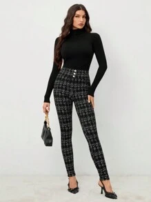 SHEIN Tall Women's Plaid Button Decor Skinny Fashionable Pants - Black - View 5
