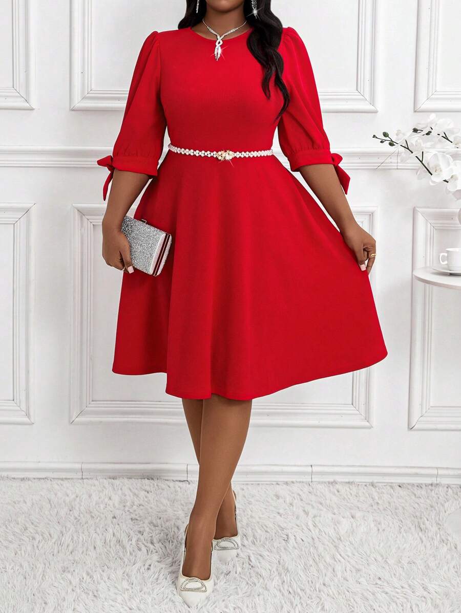 SHEIN Lady 春夏秋冬优雅派对通勤婚礼情人节酒会办公室红色针织圆领喇叭袖蝴蝶结中长七分袖大码连衣裙新年装节日服装节日连衣裙节日派对连衣裙除夕连衣裙新年连衣裙新年派对红色连衣裙情人节女士红色连衣裙红色连衣裙优雅情人节服装女士女士连衣裙红色夏季茶会服装春季情人节连衣裙情人节服装