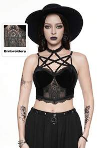 ROMWE Kamisol Beludru Wanita Model Gothic Gelap dengan Detail Bintang dan Tali Pengikat Salib, Kerah V, dan Detail Bintang - Hitam - View 1