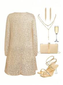 SHEIN Clasi Sukienka damska Plus Size Elegancka z siateczki z cekinami, modna i uniwersalna, odpowiednia na Halloween, Boże Narodzenie, Nowy Rok, Walentynki, Święto Dziękczynienia, imprezę