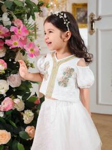 SHEIN Baby Girls Floral Sets By Modely Baby Girl, Featuring White Textured Fabric With Blooming Flower Patterns, Exuding A Fresh And Sweet Vibe, Like Vibrant Spring Flowers In Full Bloom