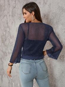 SHEIN Clasi Sheer Tie-Front Ruffle Sleeve Cropped Women Jacket - Navy Blue - View 2