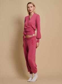 TryMe Women Lace-Up Long Sleeve Casual Top And Pants Set - Hot Pink - View 4
