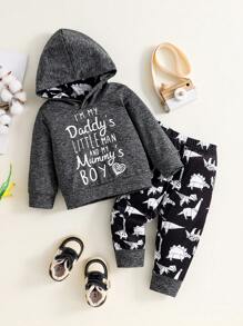 2pcs Toddler Boys Casual English Letter Color Block Hoodie Sweatshirt & Dinosaur Line Print Shorts Set, For Daily Wear & Outing - Multicolor - View 1