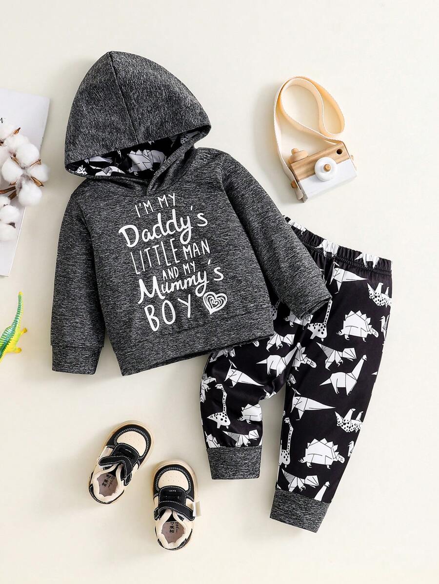 2pcs Toddler Boys Casual English Letter Color Block Hoodie Sweatshirt & Dinosaur Line Print Shorts Set, For Daily Wear & Outing - Multicolor - View 1