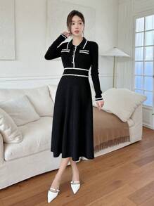 DAZY Women's Colorblock Button Half Placket Long Sleeve Elegant Commute Sweater Dress,Fall Women Clothes - Black and White - View 6