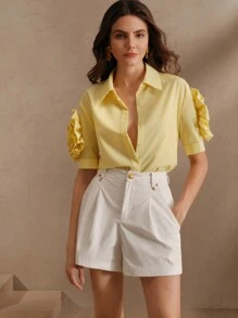 Anewsta High-End Casual Women's Shirt Vacation, Spring, Summer - Mustard Yellow - View 5
