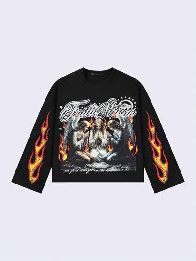 Street Life Maglietta a maniche lunghe oversize con stampa, uomo, crop top