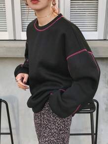 FRIFUL Women's Round Neck Drop Shoulder Long Sleeve Contrast Stitching Loose Sweatshirt